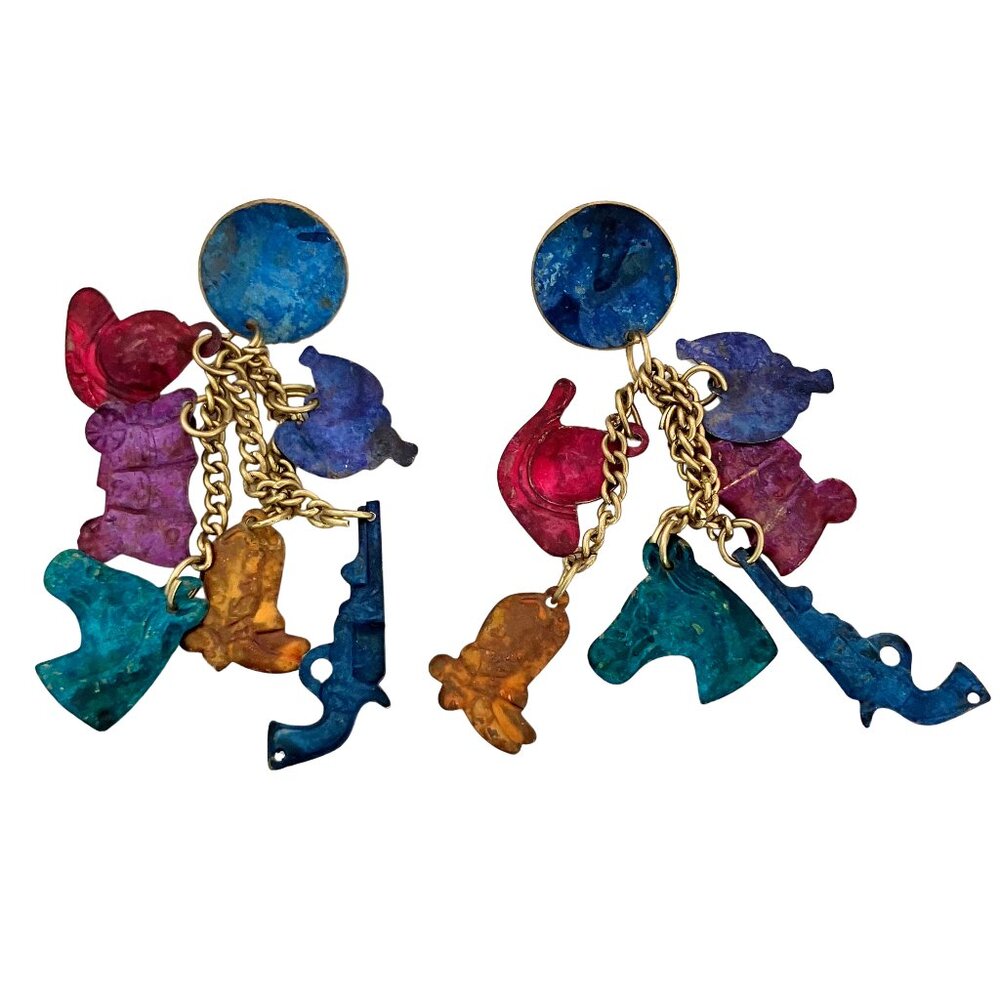Vintage 90s Western Charm Colorful Dangle Earrings Horse Cowboy Boot Whimsical